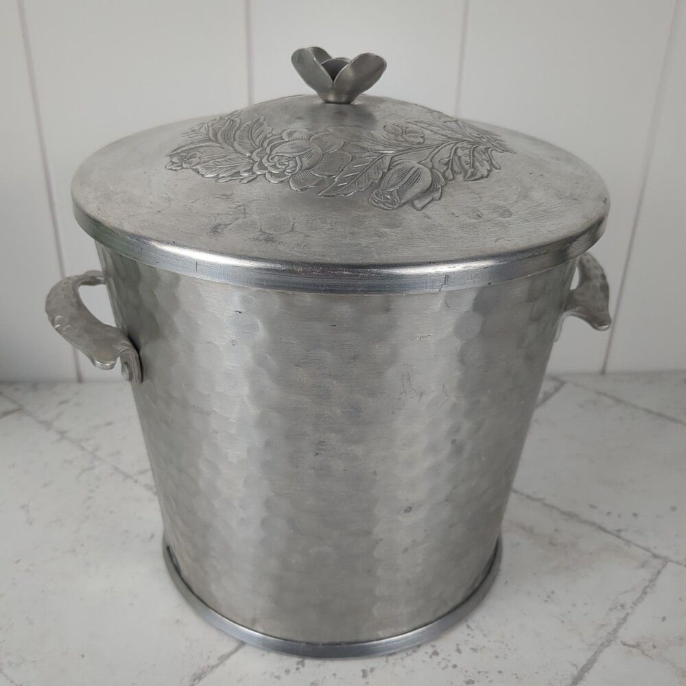 Vintage Hammered Aluminum Ice Bucket Floral Rose Midcentury Art Nouveau